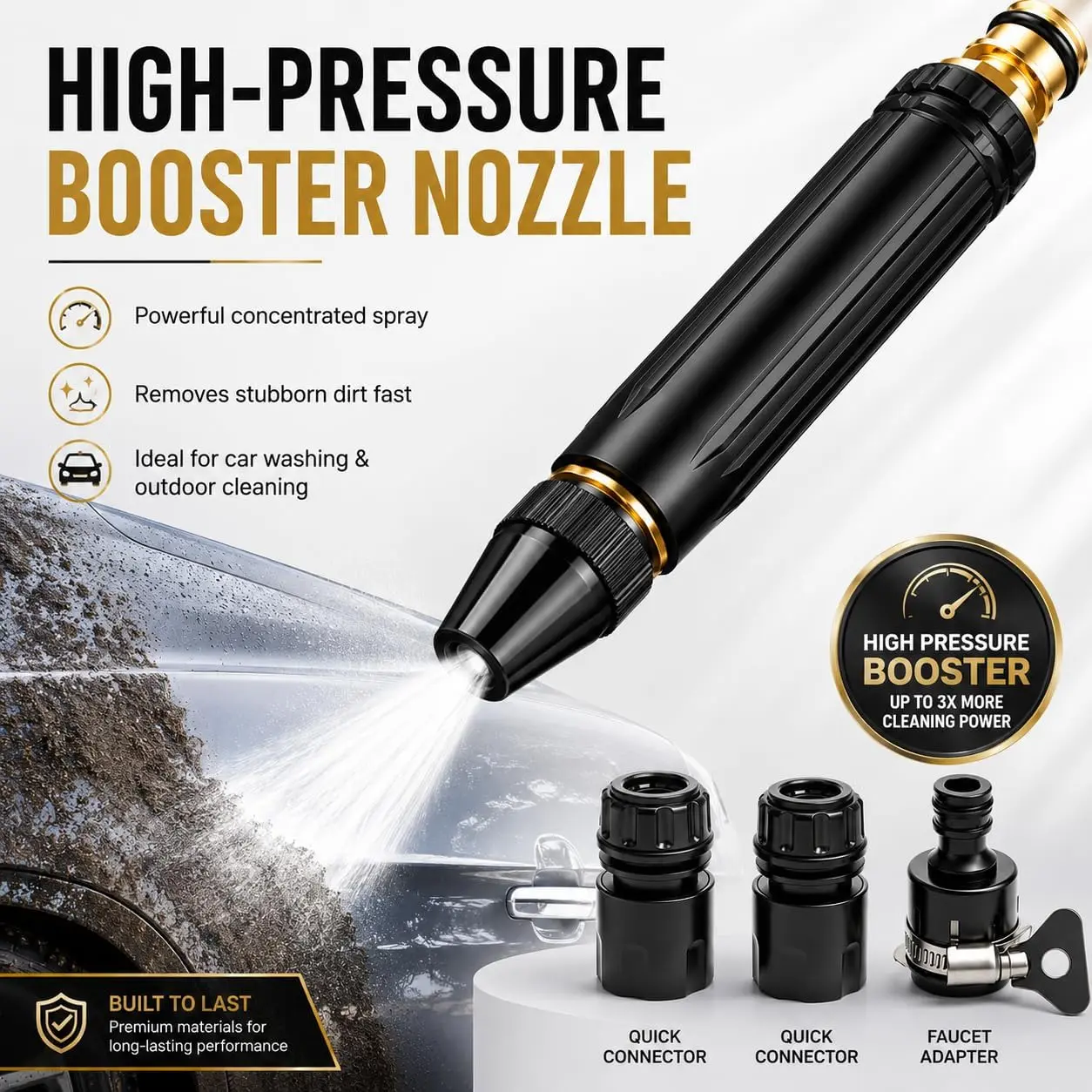 2026 New Home High-Pressure Booster Car Wash Water Gun, Garden Hose Sprayer with 3 Adjustable Spray Patterns, Universal Pacifier Interface Connector, Multifunctional Outdoor Tool for Car Detailing, Plant & Vegetable Watering, Yard Daily Cleaning