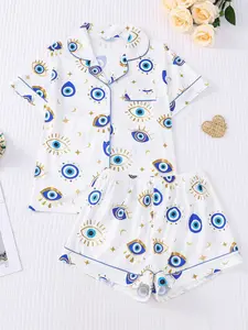 Cute Eye-Print Women's Pajama Set, Short Sleeve Shirt Collar Button Soft Top & Elastic Shorts, Casual Home Wear for All Seasons, Soft Lounge Sets
