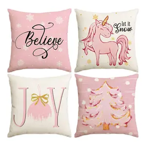 4pcs pink Christmas pillowcases, believe in the beauty of pink unicorn cushion covers, set of 4 18x18 inches, Christmas tree snowflake pattern cushion cover, winter holiday decoration sofa cushion cover, Christmas decoration (without pillow core)