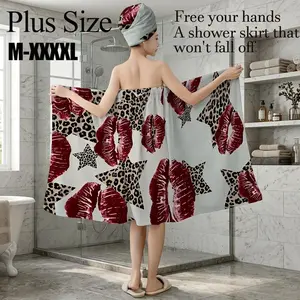 Plus Size M-XXXXL Red Lips & Leopard Star Print Bath Wrap Skirt & Hair Towel Set, Non-Slip Adjustable Shower Skirt for Bathroom, Spa, Bachelorette Party, Valentine's Day Gift