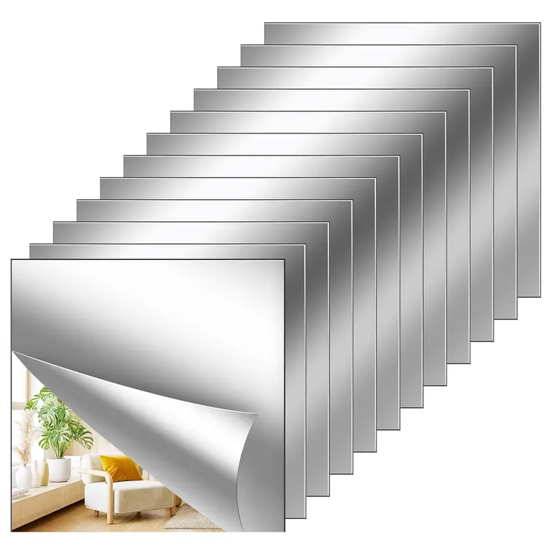 Acrylic Flexible 12Pack Self-Adhesive Mirror Sheets 12x12 Inch Square Cuttable Non Glass Safety Reflective for Home Wall DIY Decor Decorative Set