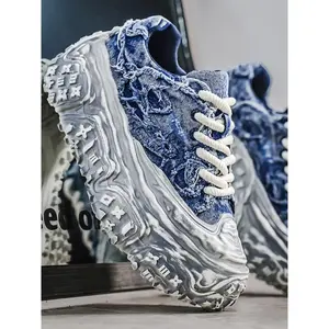 Men's Distressed Denim Chunky Platform Sneakers, Frayed Retro Streetwear Shoes, Avant-Garde Footwear for American Fashion Lovers