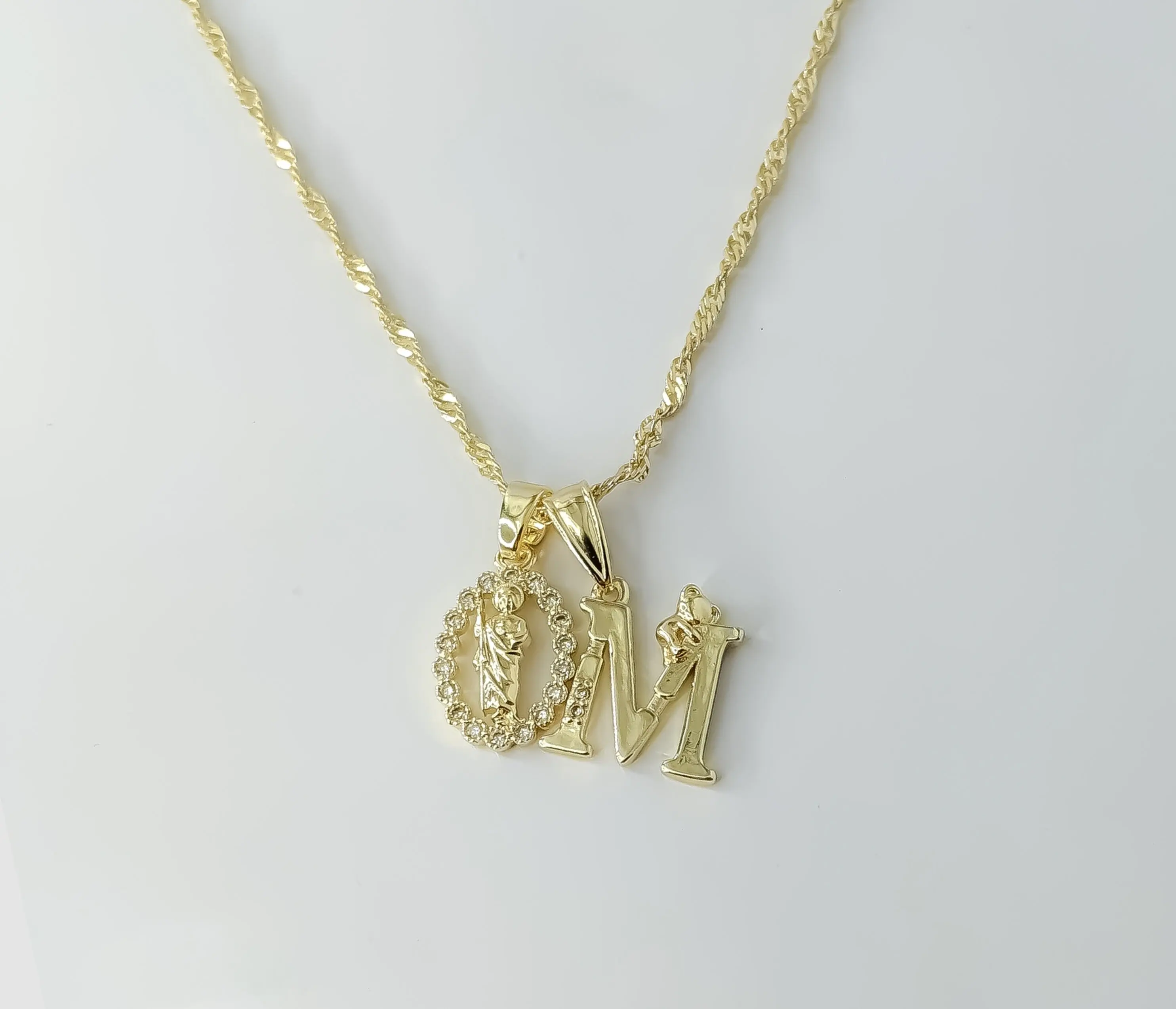 Plated Dainty Letter "M" Saint Jude Double Pendants 14K Twist Chain Necklace