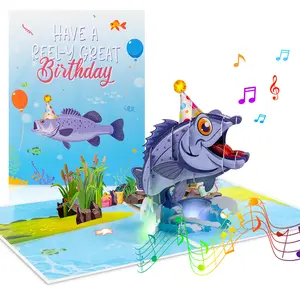Funny Birthday Jumping Fish Card - Birthday Musical Greeting Card with 3D Fish Design Auto-Plays Birthday Song Fun Gift for Anglers Boyfriend or Dad Lights Up & Plays Music