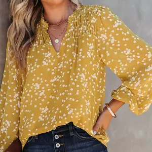 2025 Hot Spring and Summer New Women's Clothing Commuter Top V-neck Long Sleeve Polka Dot Printed Pleating Shirt