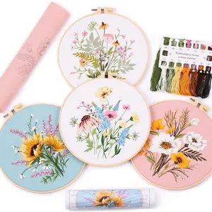 4 count Embroidery kits for beginners, Including Printed Embroidery Cloth with flower Patterns, 4 Plastic Embroidery Rings, 1 Pair of , Colored Threads,  and an Embroidery Instructions