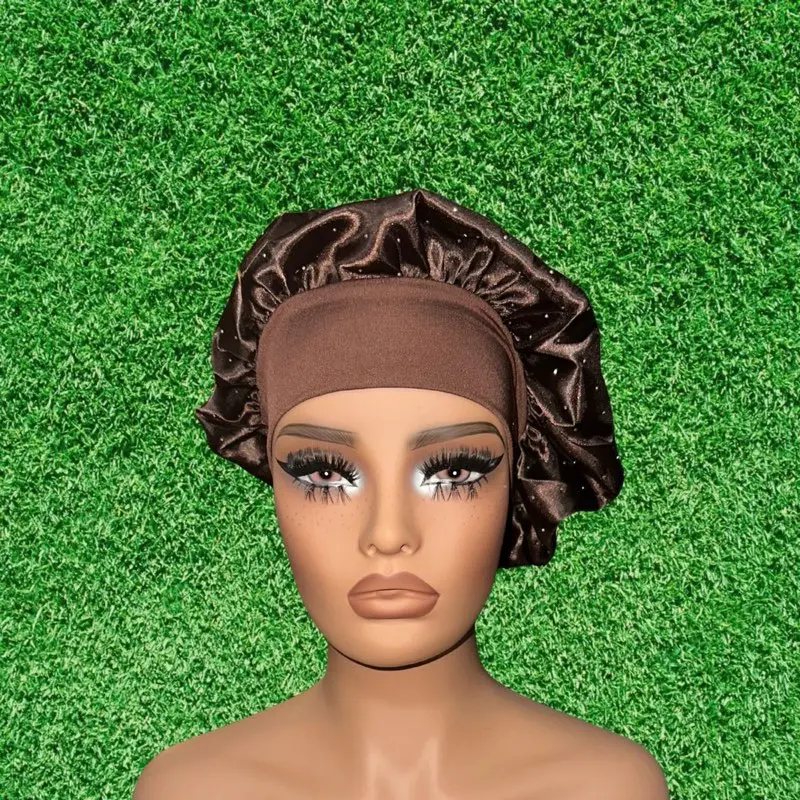 Sparkle Bonnet - Brown Stretchy Breathable Satin Silk Cap Bonnet with Rhinestones One Size Fits All Washable