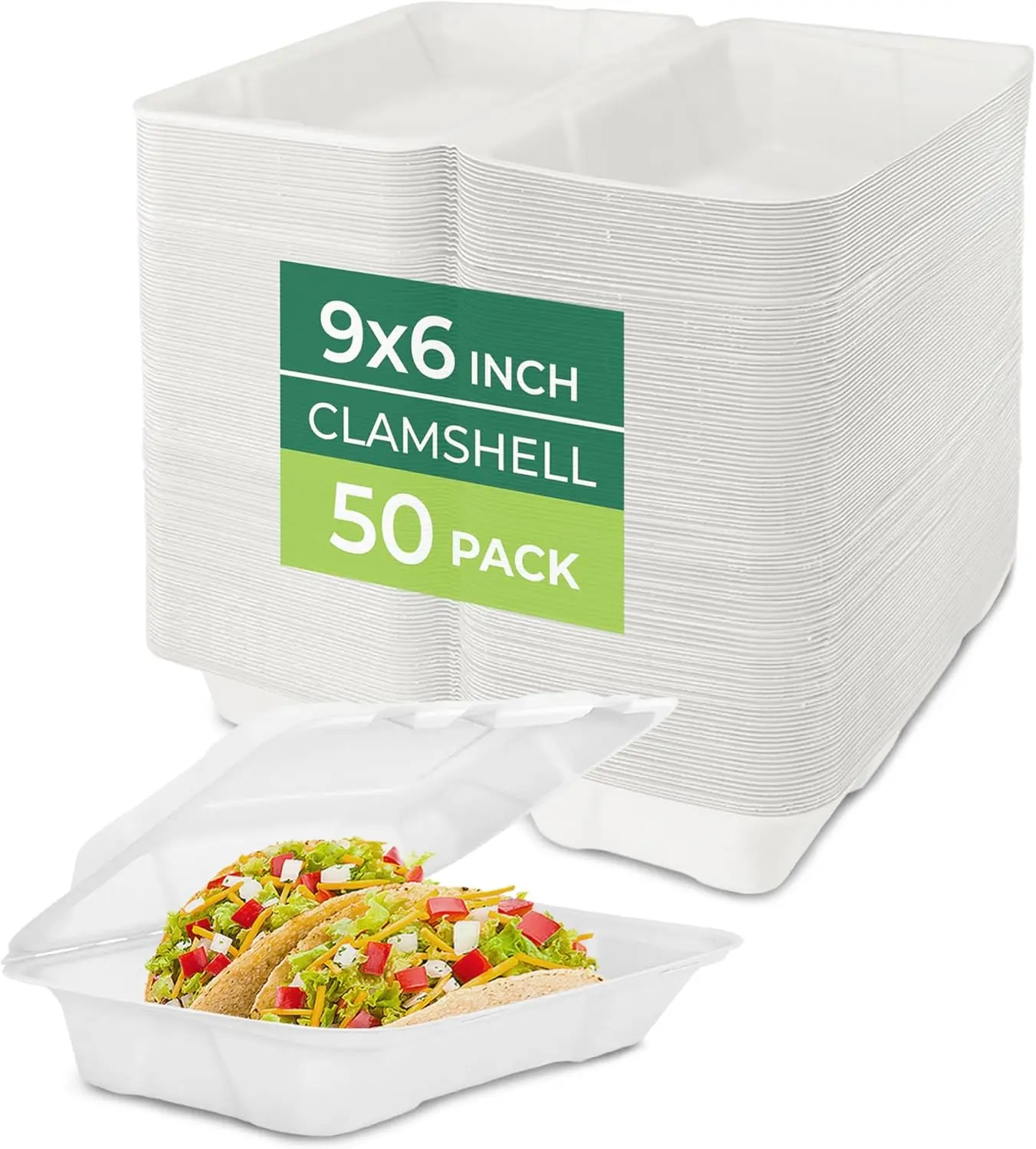 FRESHWARE Bamboo Clamshell Food Containers - 9x6in, 50-Piece Heavy-Duty Disposable To-Go Boxes with Lids, Leak-Proof, Microwave-Safe, Compostable Non-Plastic Degradable for Meal Prep, Parties