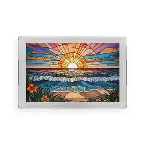 Stained Glass Sunset Acrylic Serving Tray, Coastal Decor, Beach House Gift, Wedding Reception Tray, Summer Entertaining, Hostess Essentials Plates Clear Coasters Tableware Printed