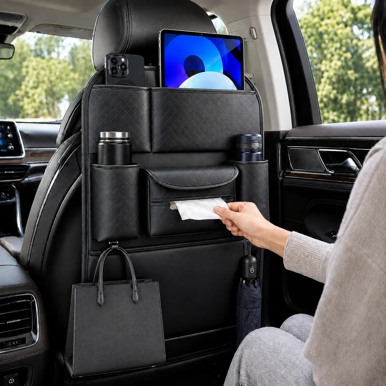 Leather Car Backseat Organizer, Multifunction Seat Back Storage Bag with 6 Pockets, Keep Your Car Clean & Organized, Perfect for Family Travel and Road Trips