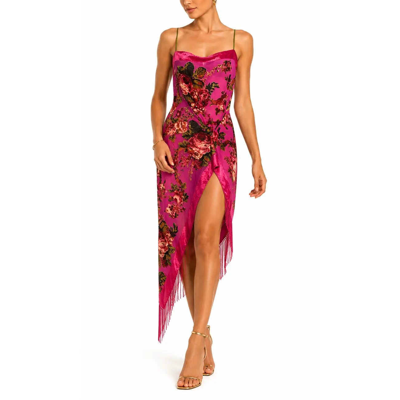 MORPHEW COLLECTION Hot Pink Floral Burnout Velvet Cocktail Dress with Fringe
