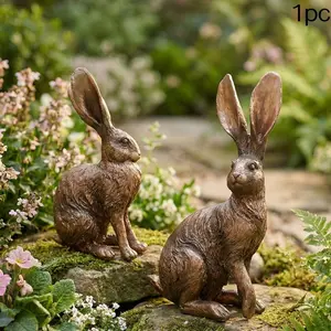 Rustic Resin Rabbit Decoration, Vintage Copper Long-Eared Bunny Ornament, Garden Courtyard Decor, Photography Prop, 1 Piece