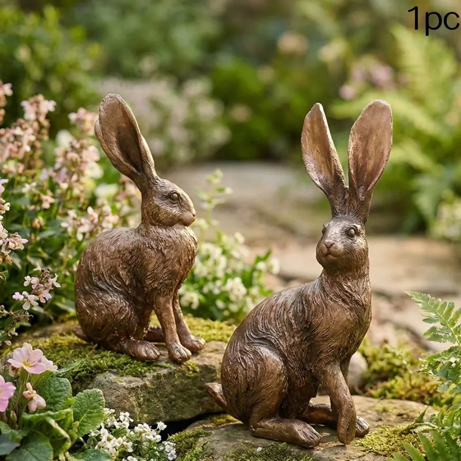 Rustic Resin Rabbit Decoration Statue, Vintage Copper Long-Eared Bunny Ornament, Garden Courtyard Decor, Photography Prop, 1 Piece