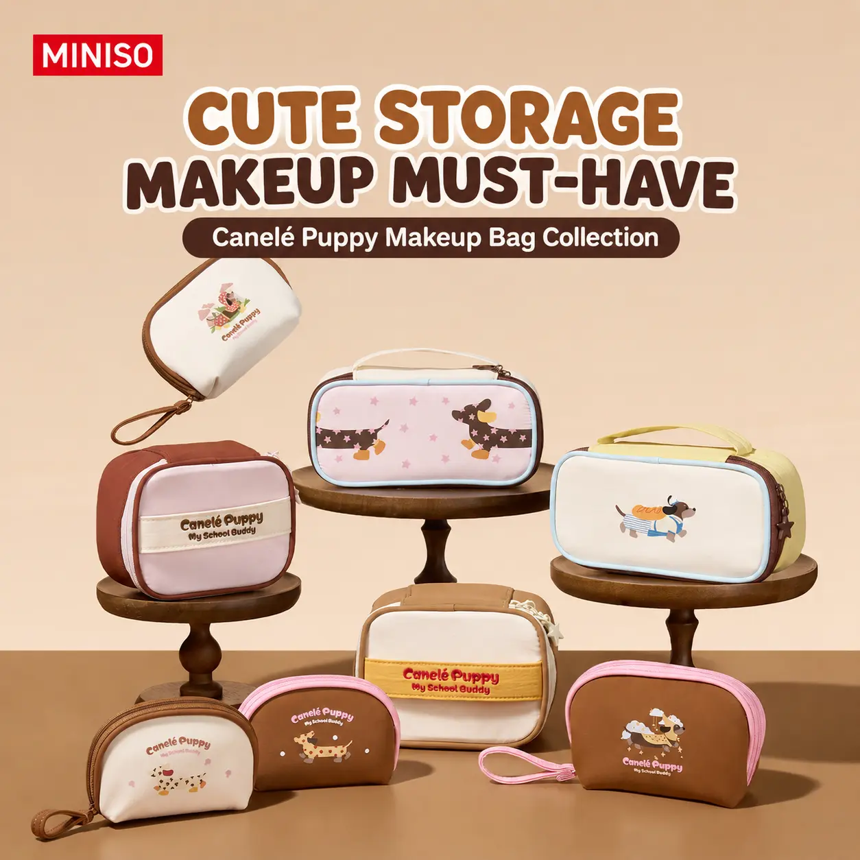 MINISO Clou Comfort Season Dachshund Cosmetic Bag, Cute Cartoon Makeup Pouch, Large Capacity Portable Travel Toiletry Bag for Women Daily Storage，Back To School