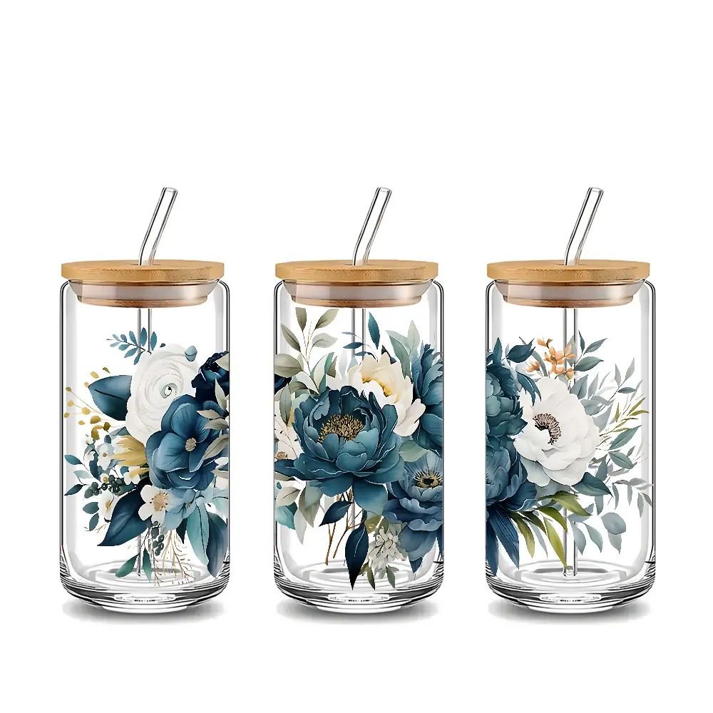 Bohemian Blue white Floral Design 16oz Glass Water Cup with Lid and Straw, Bamboo Lid Reusable Glass Drinking Cup, High-Quality Glass Jar Design, Suitable for Iced Coffee, Beer, Juice, Milk, Cold Drink Glass Cups, Fashionable Glassware