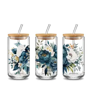 Bohemian Blue white Floral Design 16oz Glass Water Cup with Lid and Straw, Bamboo Lid Reusable Glass Drinking Cup, High-Quality Glass Jar Design, Suitable for Iced Coffee, Beer, Juice, Milk, Cold Drink Glass Cups, Fashionable Glassware