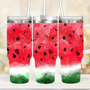 40oz Stainless Steel Tumbler Set Summer Watermelon Print Insulated Straight Body Cup with Lid And Straw for Home & Office Portable for Travel Camping & Car Use - Birthday & Holiday Gift 1 Pack