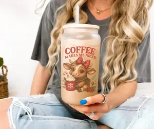 Coffee Makes Me Nicer Cow Lover Holiday Themed Frosted Iced Coffee Glass Tumbler 16 oz, With Straw And Bamboo Lid, Christmas Gift, Christmas Cup, Gift for Her, Pet Lover Gift, Animal Christmas