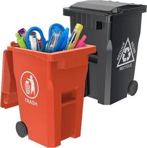 Mini Garbage Trash Pen Holder for Desk, Tiny Recycle Bin Pencil Holder Black & Orange, Pack of 2 - Pencil Pen Storage, Office Desk Organizer Stationery, Ideal for Student Work