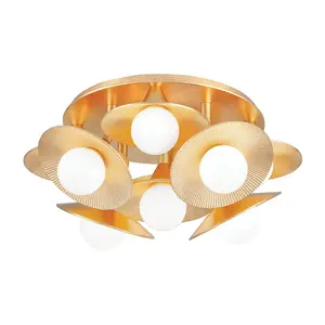 Emerald 1-Light Semi-Flush Ceiling Light with Opal Shades and Vintage Gold Leaf Plates