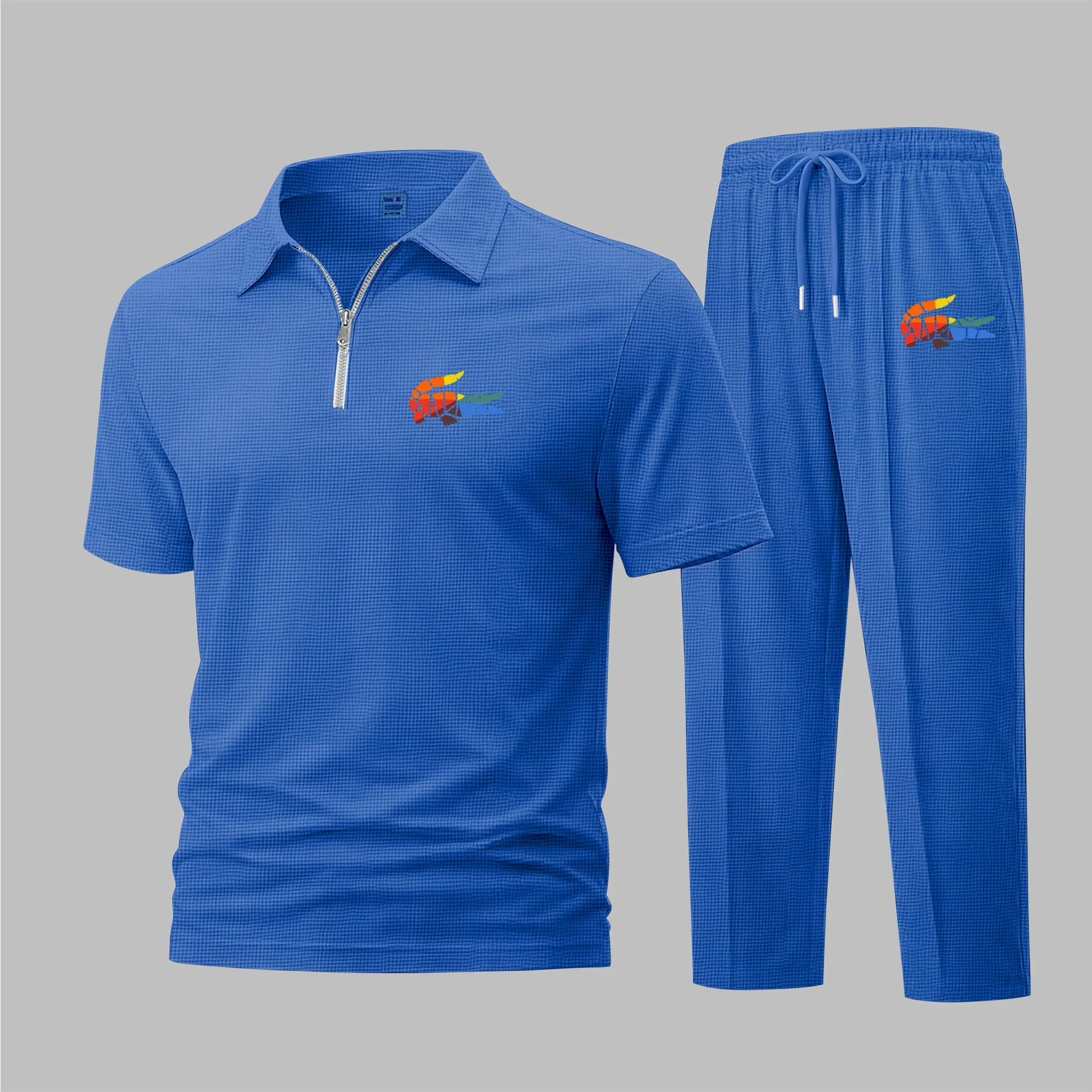 Men’s Colorful Animal Graphic Waffle Knit Polo Shirt and Pants Set – Abstract Animal Icon Print Short Sleeve Zip-Up Collar Polo and Jogger Set, Lightweight Breathable Comfortable Casual Sportswear for Travel, Daily Wear