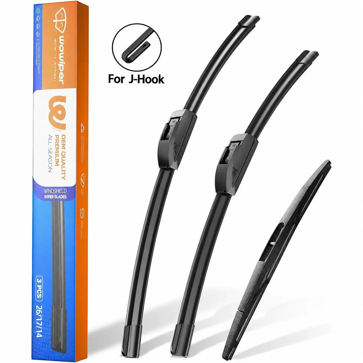 WOWIPER Windshield Wiper Blades, Premium Rubber Front & Rear Wipers, All-Weather Replacement Wipers, J-Hook Fit, Quiet Streak-Free Performance