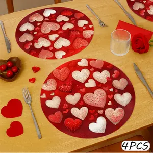4pcs Romantic Bold Hearts Valentine'S Day Table Pad, 38.1cm Round Stylish placemat- Red & White Large 3D Hearts Perfect for Kitchen, Parties & Romantic Dinners, Valentines Decorations,polyester fiber Machine washable