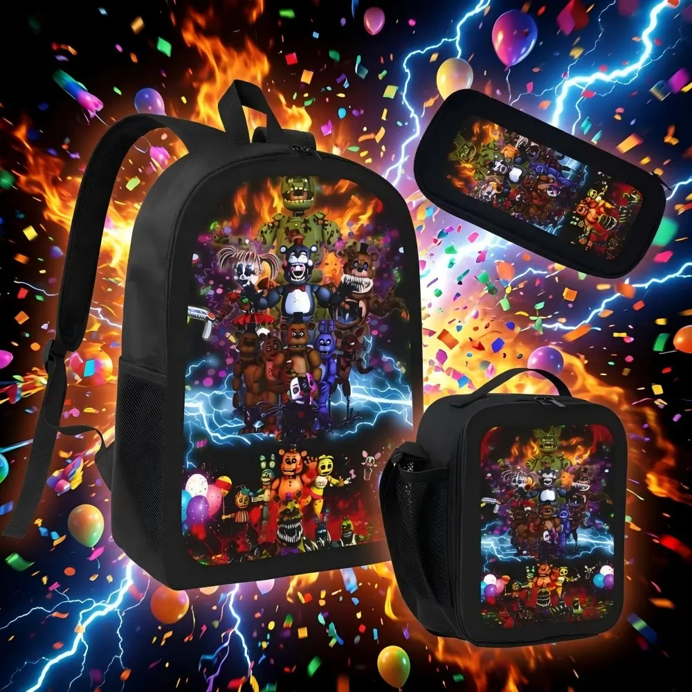 FNAF 3-Piece Backpack Set - 17in Teen Student Bookbag, Oxford Fabric Rucksack with Lunch Box & Pencil Case, Lightning Print Animatronics, Horror Theme Gift for Game Fans, School/Travel