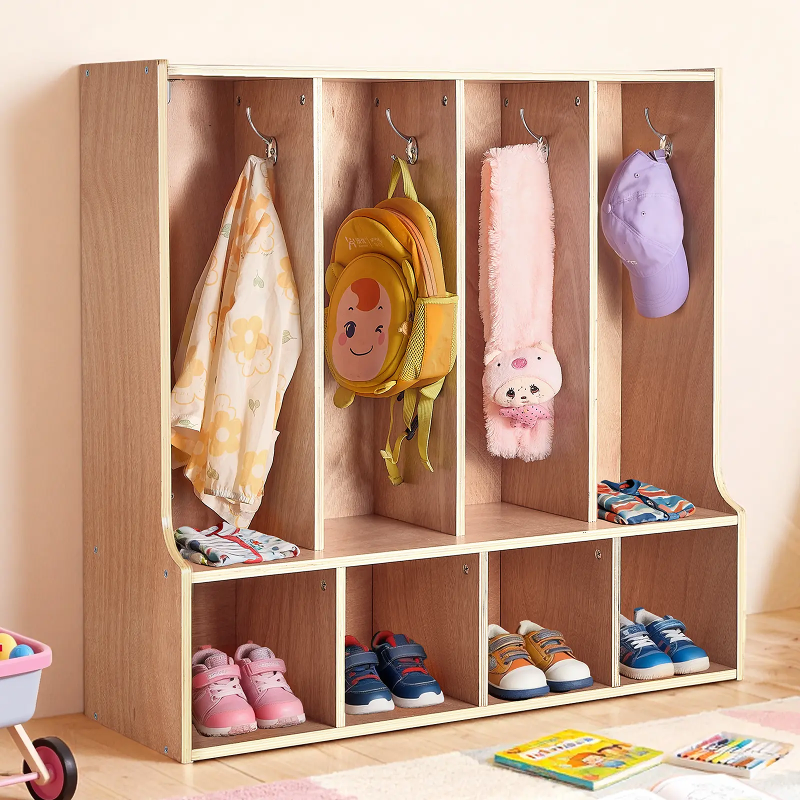 【SummerFinds】VEVOR Sturdy 4-Section Kids Wooden Coat Locker Furniture, Toddler-Proof Wardrobe with 8 Hooks, Non-Slip Mat, 4 Small Open Boxes for Home Playrooms Activity Areas