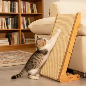 L-Shaped Sisal Cat Scratcher Ramp, Solid Wood Climbing Post & Vertical Scratch Pad, Indoor Cat Furniture (Medium, 24.8")
