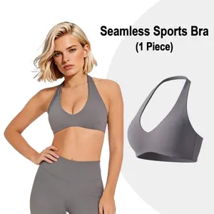 GYMER Women's Seamless Halter Neck Sports Bra Open Back Padded Low Impact Fitness Gym Bralette Soft Workout Activewear Top