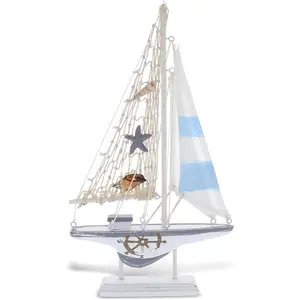 Moonlight Sailboat -  Wooden Sail Boat Decor, Cute Beach Style Model, Nautical Themed Table Top Living Room Centerpiece - 12.5 Inch