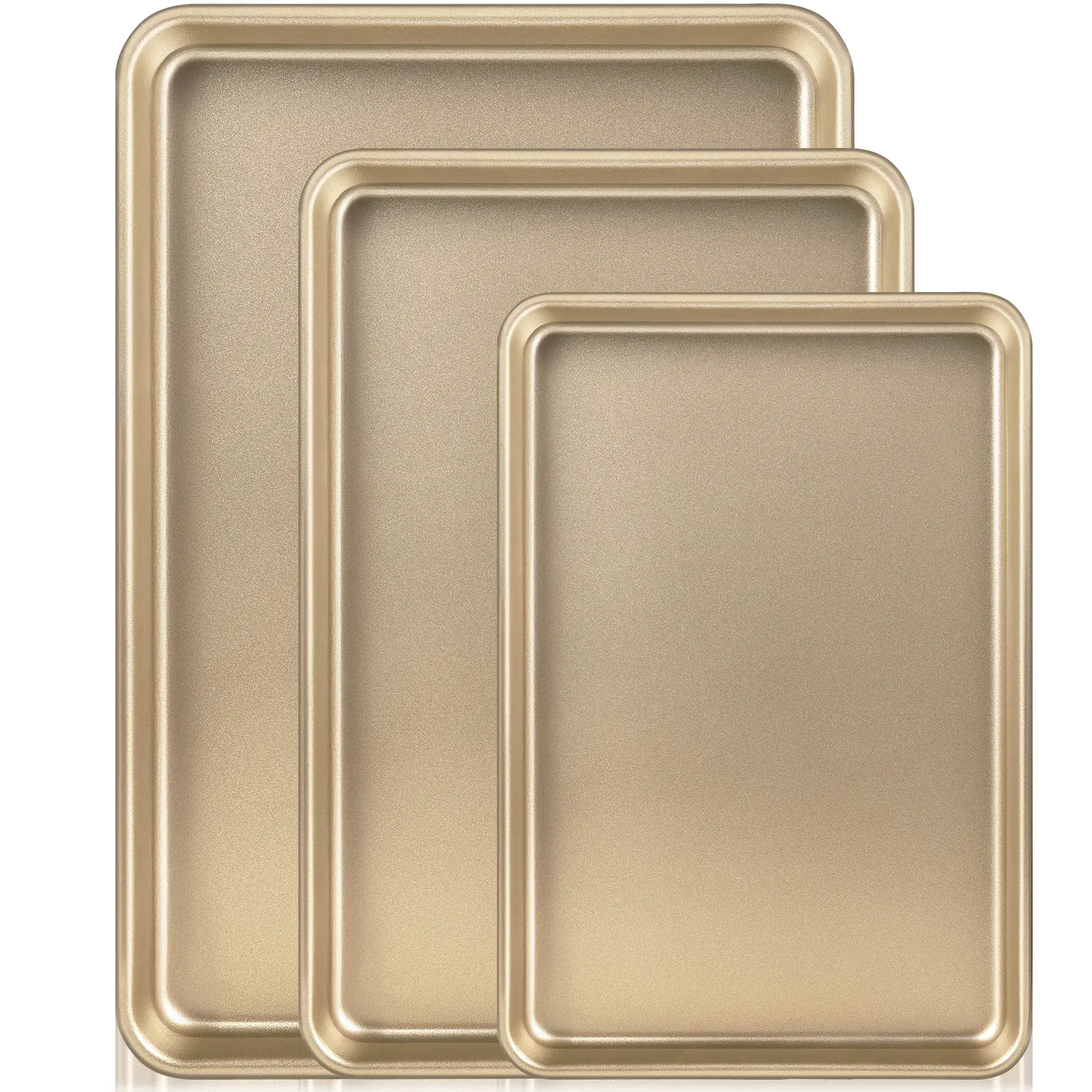 3pcs Food Grade Non Toxic Nonstick Champagne Gold Rectangular Bakeware Tray Set - Heat Resistant Baking Pans for Cakes, Bread (Small, Medium, Large Sizes) [Bread Baking Supplies]