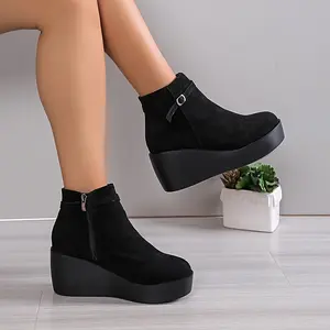 Women's Solid Color Wedge Heeled Short Boots - Casual Buckle Zipper Platform Ankle Boots - Comfortable, Stylish - For Women - Suitable for Casual Outings, Parties & Dates - Perfect Gift for Fashionable Women