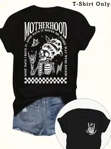 Plus Size Skull & Letter Print Round Neck Tee, Plus Casual Short Sleeve Crew Neck T-Shirt for Summer, Women's Plus Clothing for Daily Wear, Streetwear, Halloween