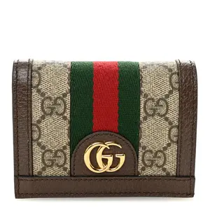 Pre-owned GUCCI GG GG Supreme Canvas and Leather Small Leather Goods GG Supreme Monogram Web Ophidia Card Case Beige New Acero