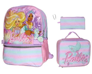 Barbie Mermaids 5-Piece 16" Girls Backpack School Lunch Bag Set with Gadget Case Carabiner and Rubber Zipper Dangle