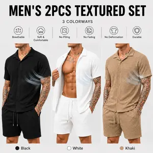 2-piece summer set: open-knit collared T-shirt/shorts with cutouts for breathability; men’s lightweight, breathable, comfortable, soft fabric—ideal for travel, everyday wear, casual occasions, beach vacations, and relaxed leisure outfits.