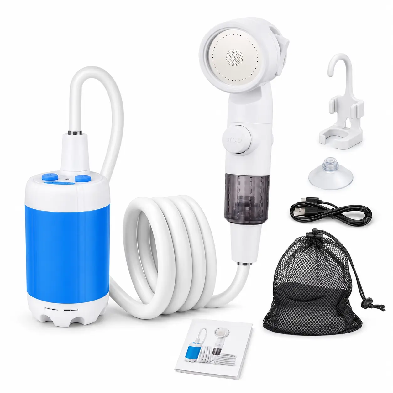 Portable camping shower device, USB rechargeable electric shower water pump, handheld shower head with dual flow settings and filtration, includes hooks and suction cup mounts, suitable for camping, RVs, beaches, pet washing, and outdoor travel