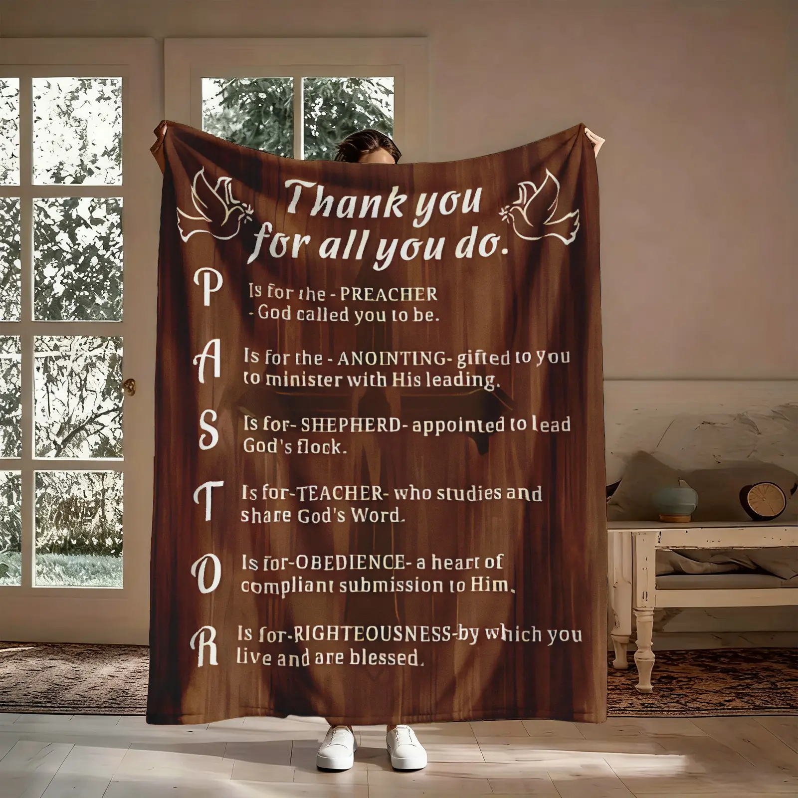 Thank You Pastor Flannel Insulation Blanket Throw, 1-Count Christian Appreciation Gift with Pastor Poem, Preacher Shepherd Teacher Design, Cozy Soft Nap Blanket for Home & Office, Church Decor, Insulation Blanket Throws