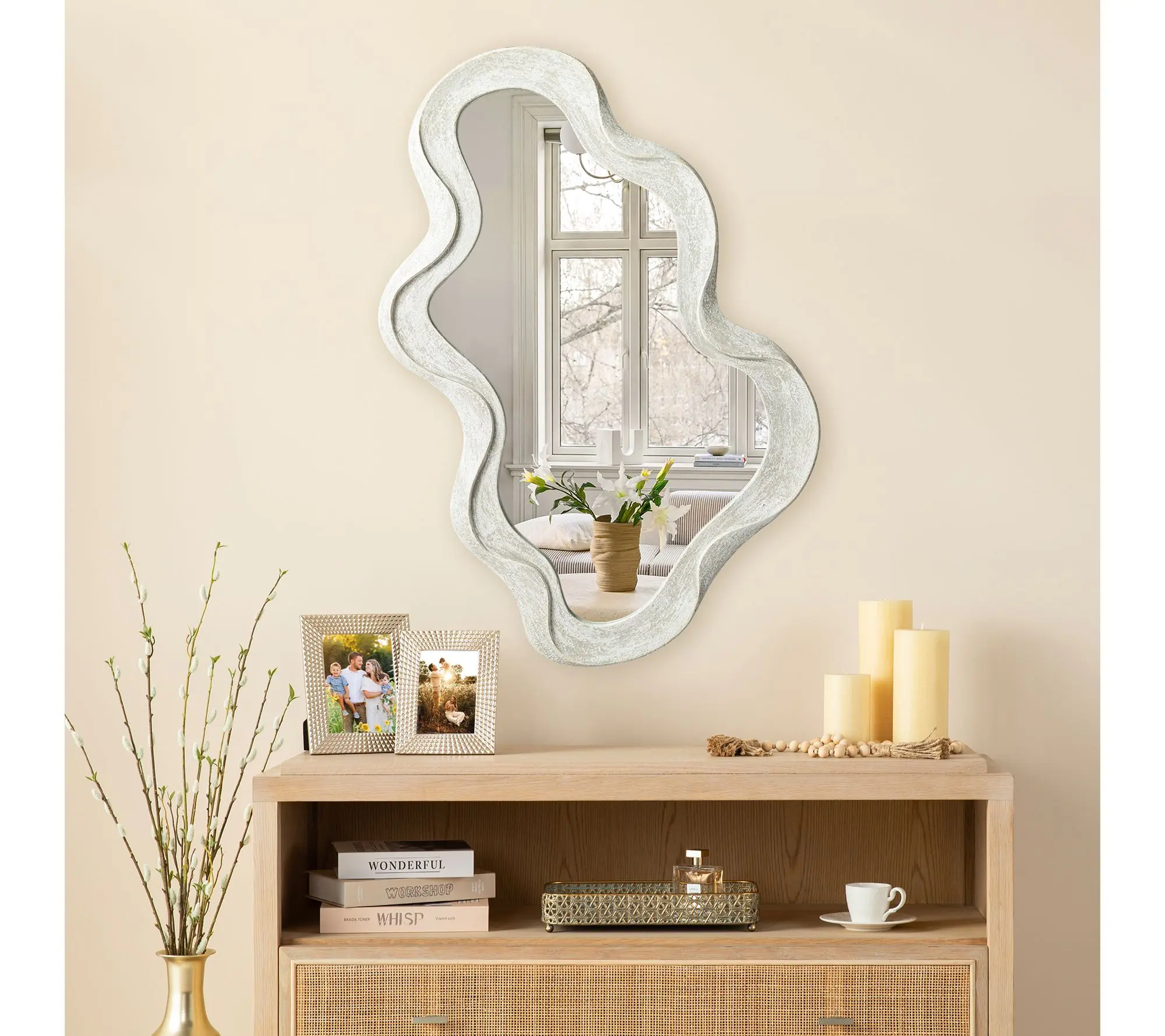 Glitzhome 32" H Washed White Wood Frame Wavy Wall Mirror Glitzhome 32" H Washed White Wood Frame Wavy Wall Mirror