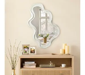 Glitzhome 32" H Washed White Wood Frame Wavy Wall Mirror Glitzhome 32" H Washed White Wood Frame Wavy Wall Mirror