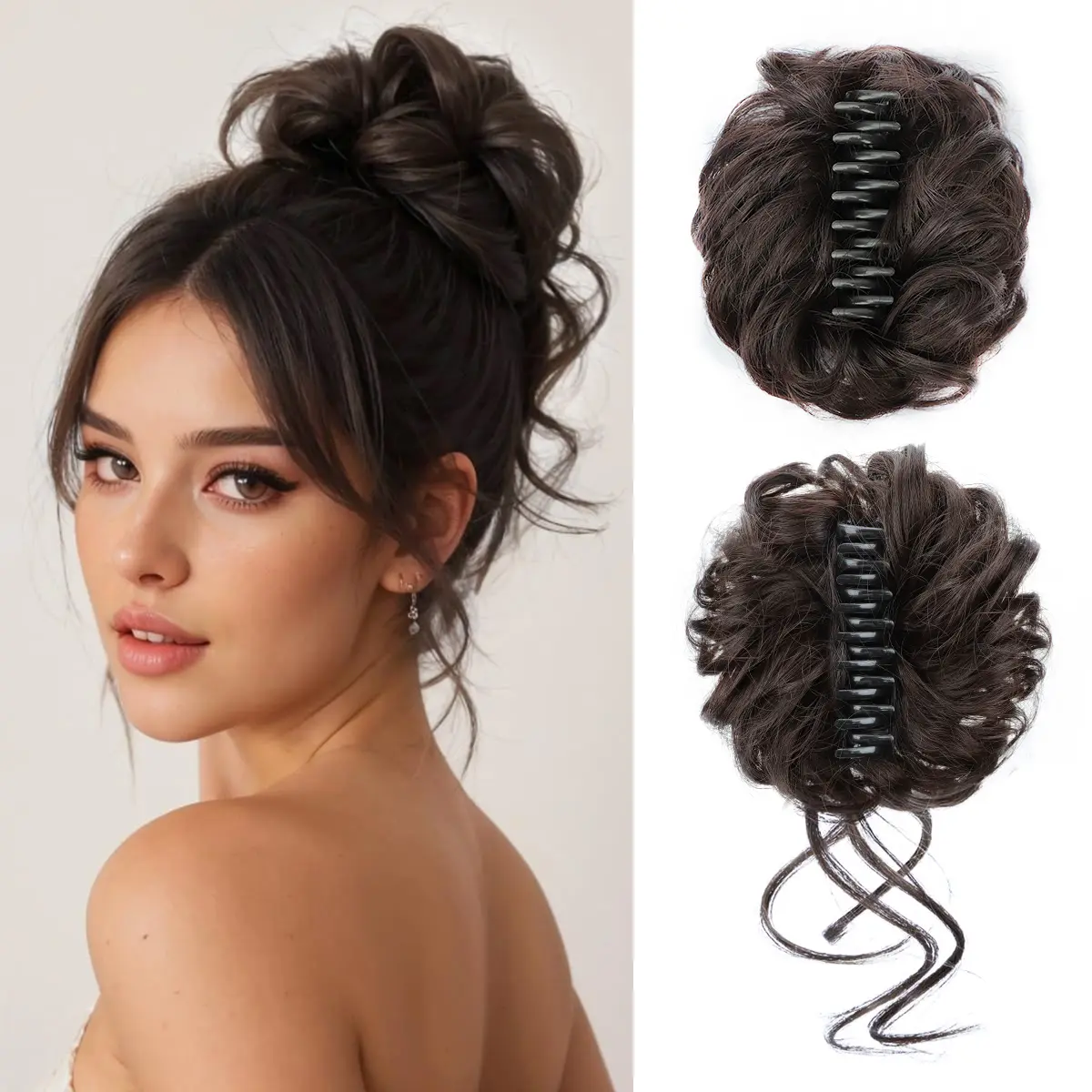 Vigorous 2-Pack Claw Clip Messy Bun Hair Pieces for Women, Wavy Curly Chignon Hair Extensions, Tousled Updo Ponytail Hairpieces for Daily Wear