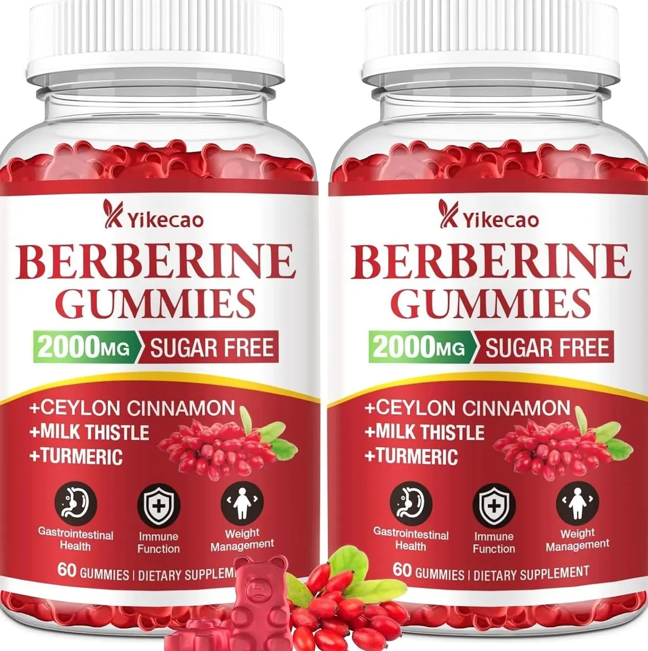 2 Pack Berberine Gummies with Ceylon Cinnamon, 2000mg Berberine HCL Supplement for Women & Men, Sugar Free, Vegan, Non-GMO, Gluten-Free, Raspberry Flavor-120 Count