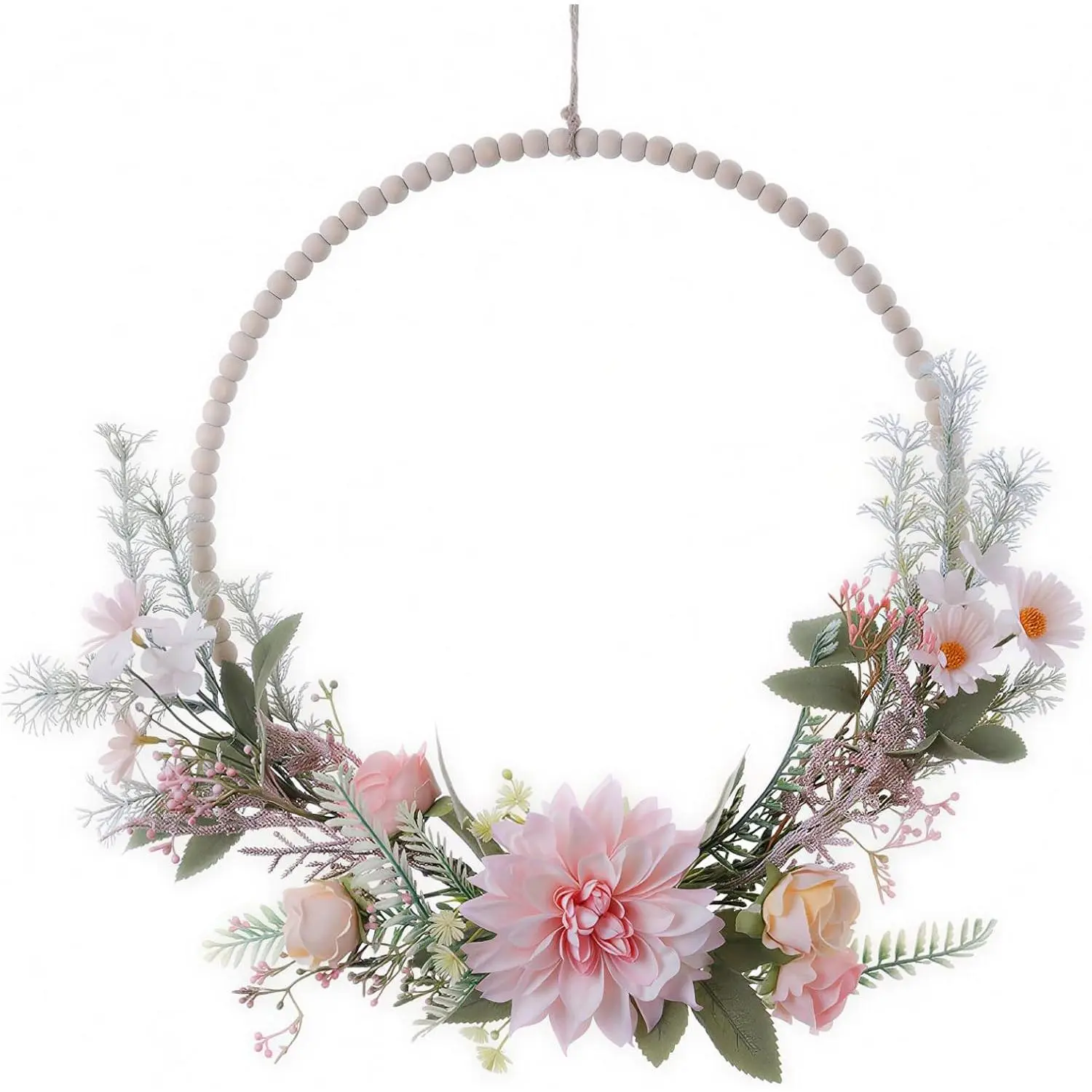 Round Metal Artificial Wood Bead Flower & Green Leaves Garland Wreath for Front Door, Porch Window Wall - Indoor Outdoor Home Decor, Festive Decoration Display
