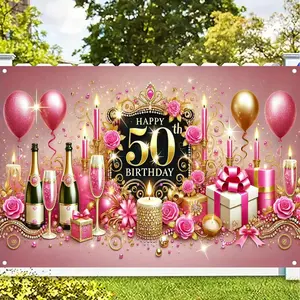 Elegant 50th Birthday Celebration Tapestry Pink Golden Theme with Roses Champagne Balloons 151.89x91.95cm Perfect for Parties Live Streaming