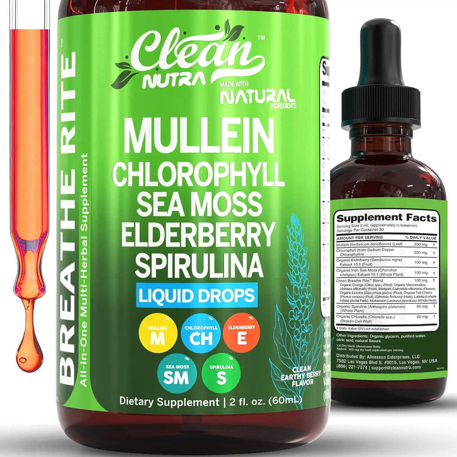 Clean Nutra Breathe Rite Organic Mullein Liquid Drops with Chlorophyll for Lung Detox Plus Irish Sea Moss Spirulina Licorice Tart Cherry Lobelia Mothe
