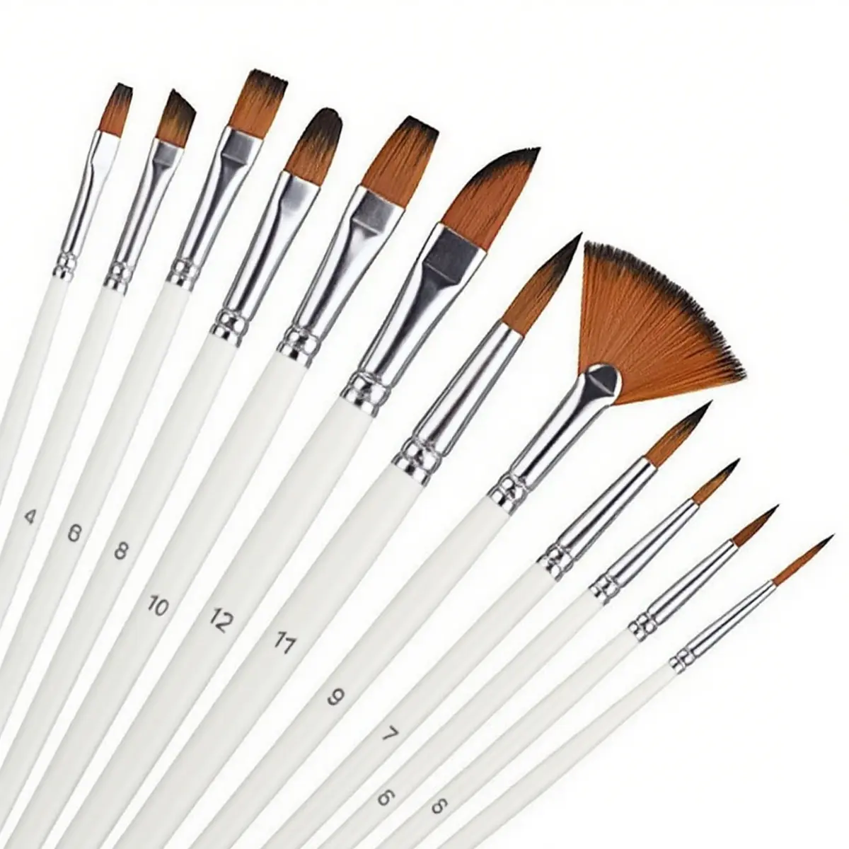 12Piece Nylon Bristle Flat Brush Set - Versatile Paint Brushes for Watercolor, Oil, Acrylic & Fabric Painting, Ideal for Artists & Amateurs