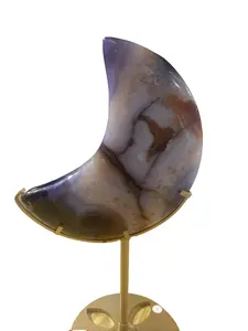 Moon-Shaped Agate Decorative Piece with Unique Marbling and Brass Stand for Home Decor