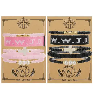 10PCS Classic Knit WWJD Letter Prayer Turkquoise Cross Charm Bracelets Set with 2-Cards Pink & Black Unisex Stackable Elastic Clay Bead Wristband Christian Friendship Bracelet Holiday Wear Accessories